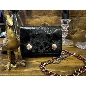 Vintage Leather Wallet Embossed Skull Chain Grunge Y2k Biker Gothic